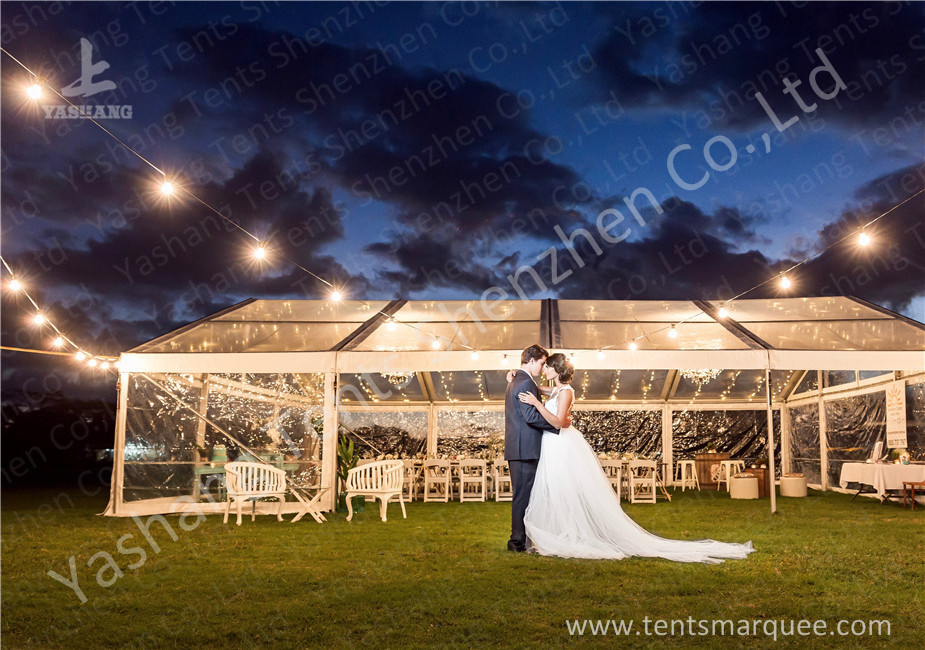 Out side Grassland Clear Top Luxury Wedding Tents High Pressed Aluminum String Lights
